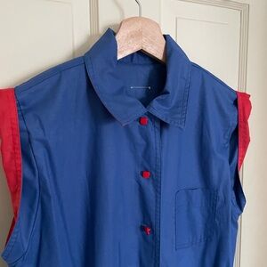 Vintage 1970-80s Blue and Red Sleeveless Button-Up Dress with contrasting detail